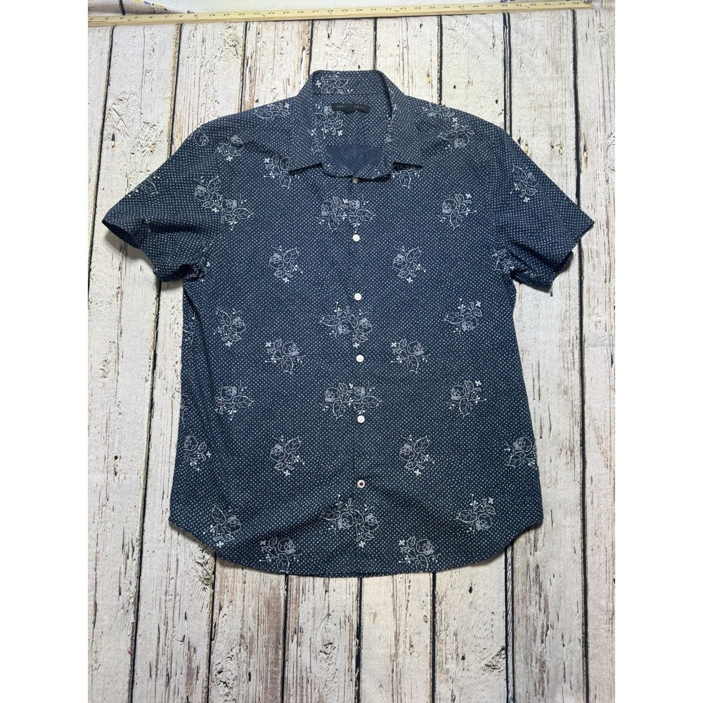 John Varvatos USA Button Up Men's L Blue Skull Floral Print Short Sleeve Shirt - Picture 2 of 7